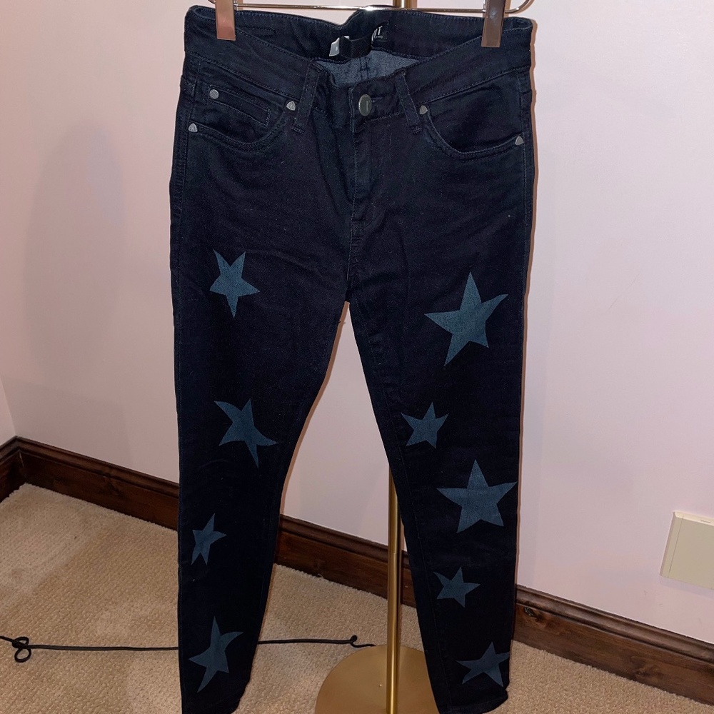 KUT Star Print Mid Rise Skinny Jeans, Size 0, Dark Wash